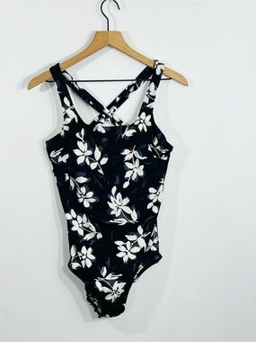 Lands' End Black One Piece Bathing Suit Swimsuit Criss Cross Back Floral 16 Long